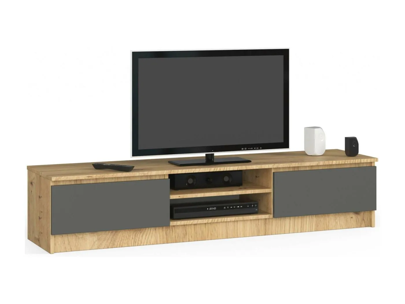 TV Schrank AKORD Fernsehkommode 160 cm Eiche Artisan 2 Türen 2 Ebenen Front Graphitgrau B160 x H33 x T40 cm