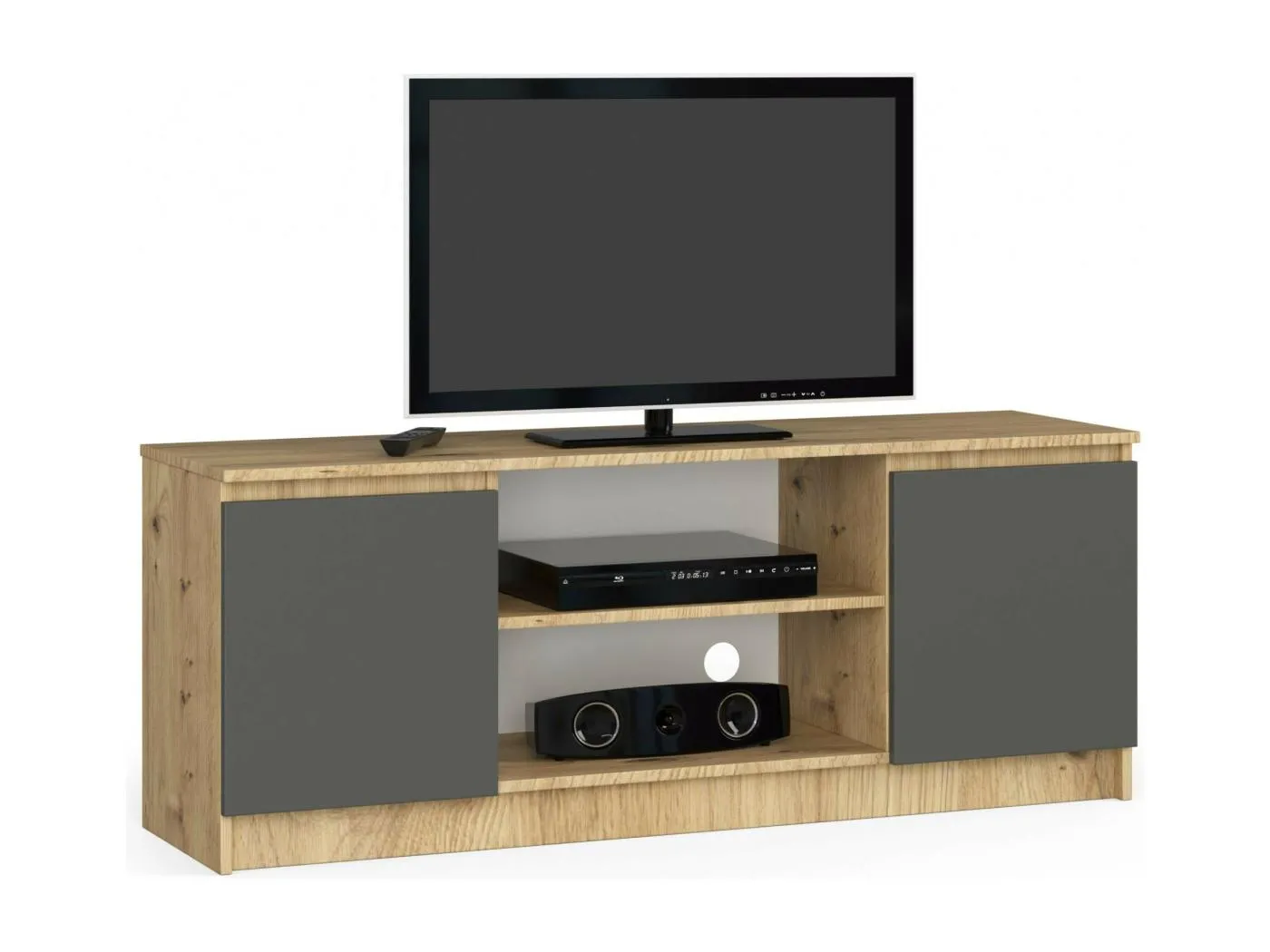 TV Schrank AKORD Fernsehkommode 140 cm Eiche Artisan 2 Türen 2 Ebenen Front Graphitgrau B140 x H55 x T40 cm