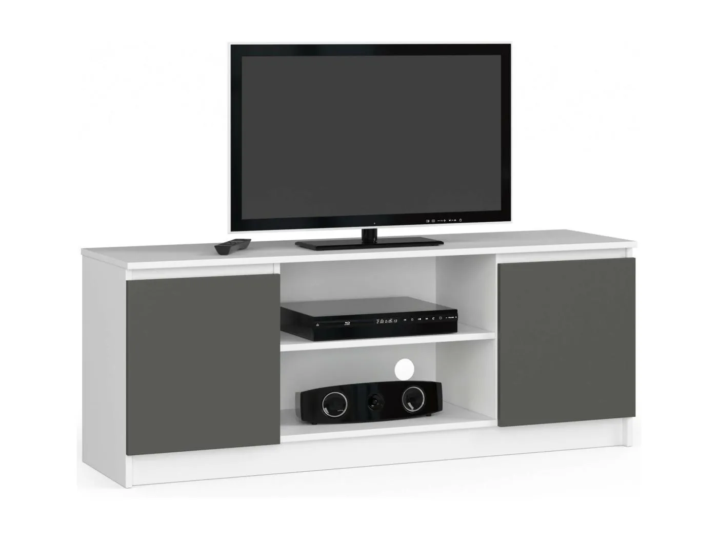 TV Schrank AKORD Fernsehkommode 140 cm Weiß 2 Türen 2 Ebenen Front Graphitgrau B140 x H55 x T40 cm