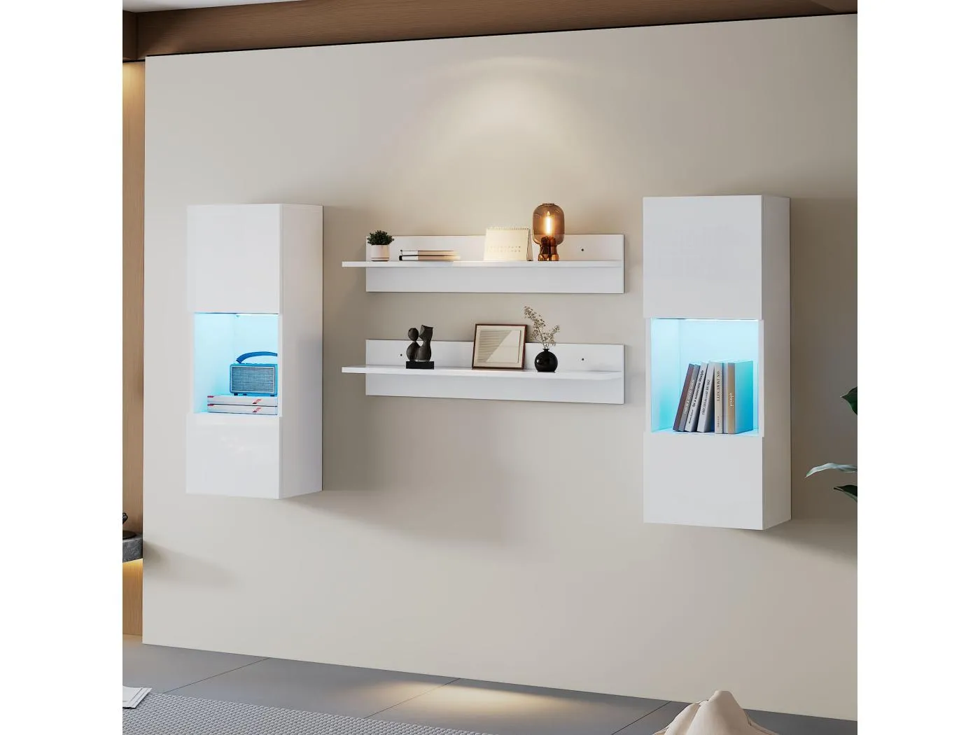 Wandregal-Set 4-teilig, LED-Schrank & 2 Regale, APP-steuerbar, Weiß