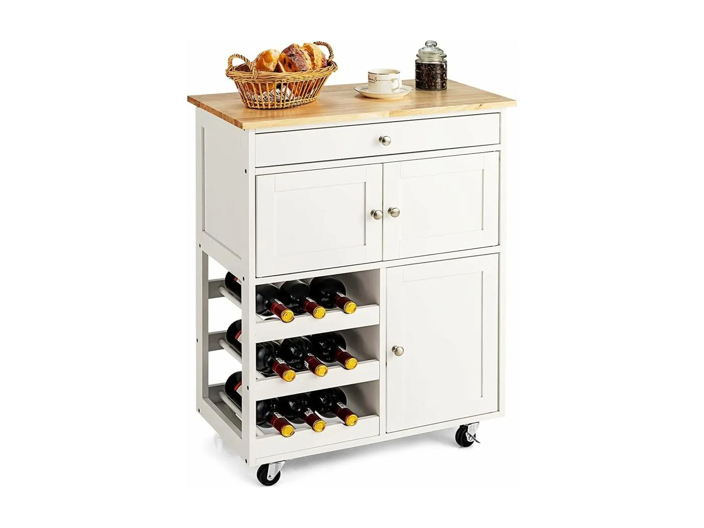 Servierwagen mit Schubladen und 3-stöckigem, Küchenwagen Küchenregal Rollwagen Holz weiß