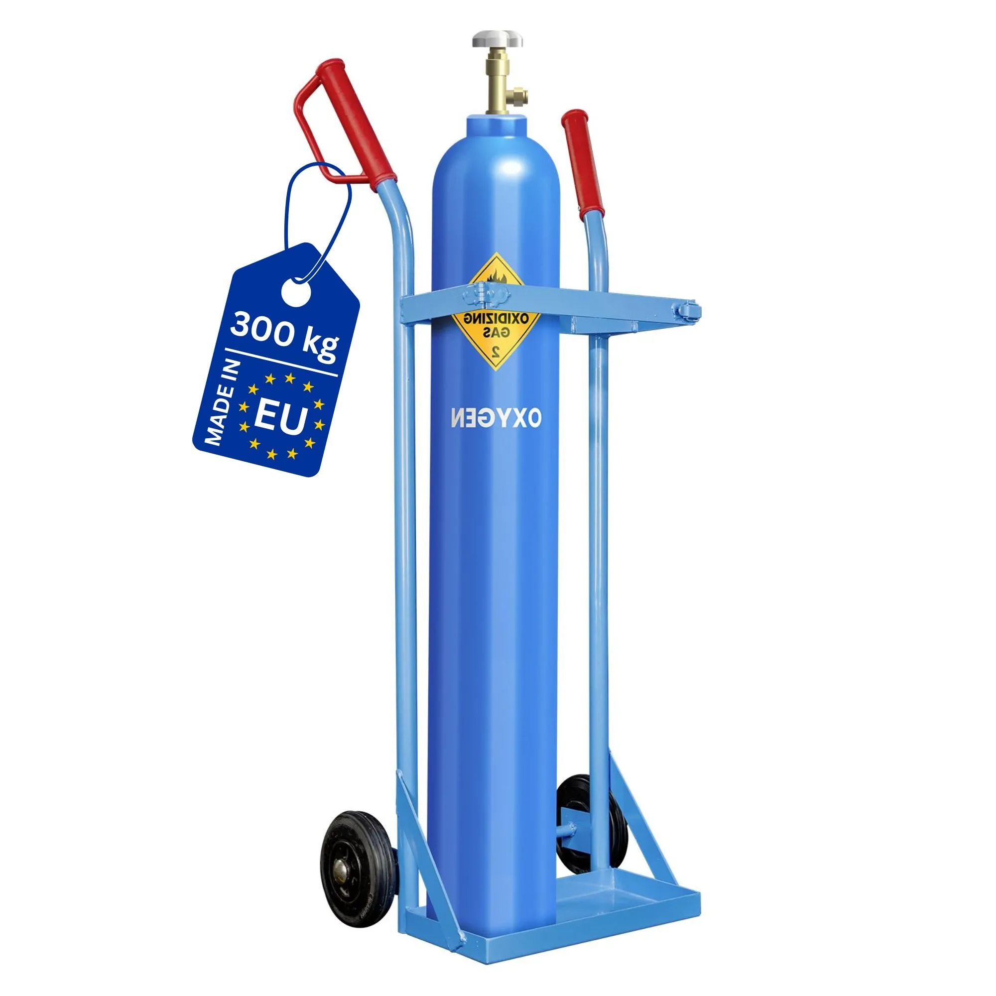 Stahlrohr-Flaschenkarre für 2 Stahlflaschen à 10 Liter Ø 14cm mit pannensicherer Vollgummibereifung | Traglast 300kg | Blau | Stahlflaschenkarre Gasflaschenkarre