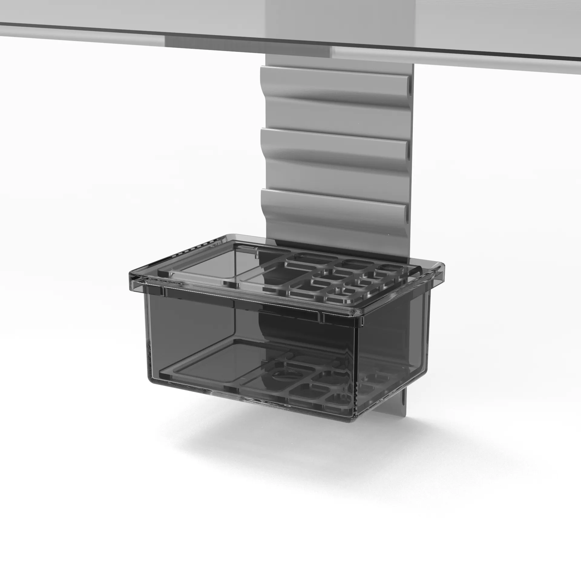 Accessory-Boxen-Setzum Einhängen in Glaseinlegeböden hintenund seitlichBitte Tiefe der jeweiligen Modellebeachten:Seitlich nur bei Schrankmodelle und nurab Korpustiefen 320mmMaterial:Halterungen Alu E6/EV1,Box Kunststo