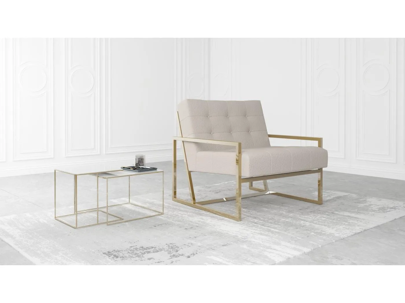 Zoey Loungesessel mit Goldenen Füßen aus Bouclé-Stoff