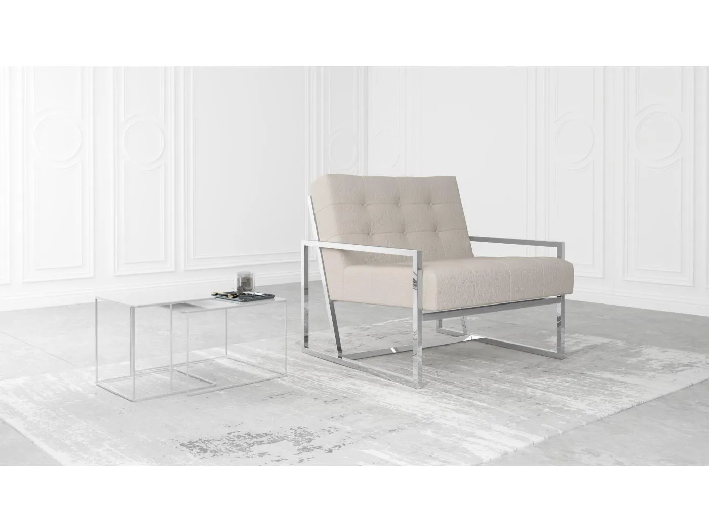 Zoey Loungesessel mit Silber Füßen aus Bouclé-Stoff