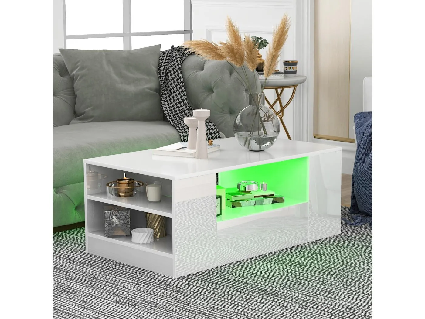 Weißer Couchtisch mit LED-Streifen – 2 Schubladen und 2 Regale – skandinavischer Stil – Weiß glänzend – 95 x 53 x 37 cm