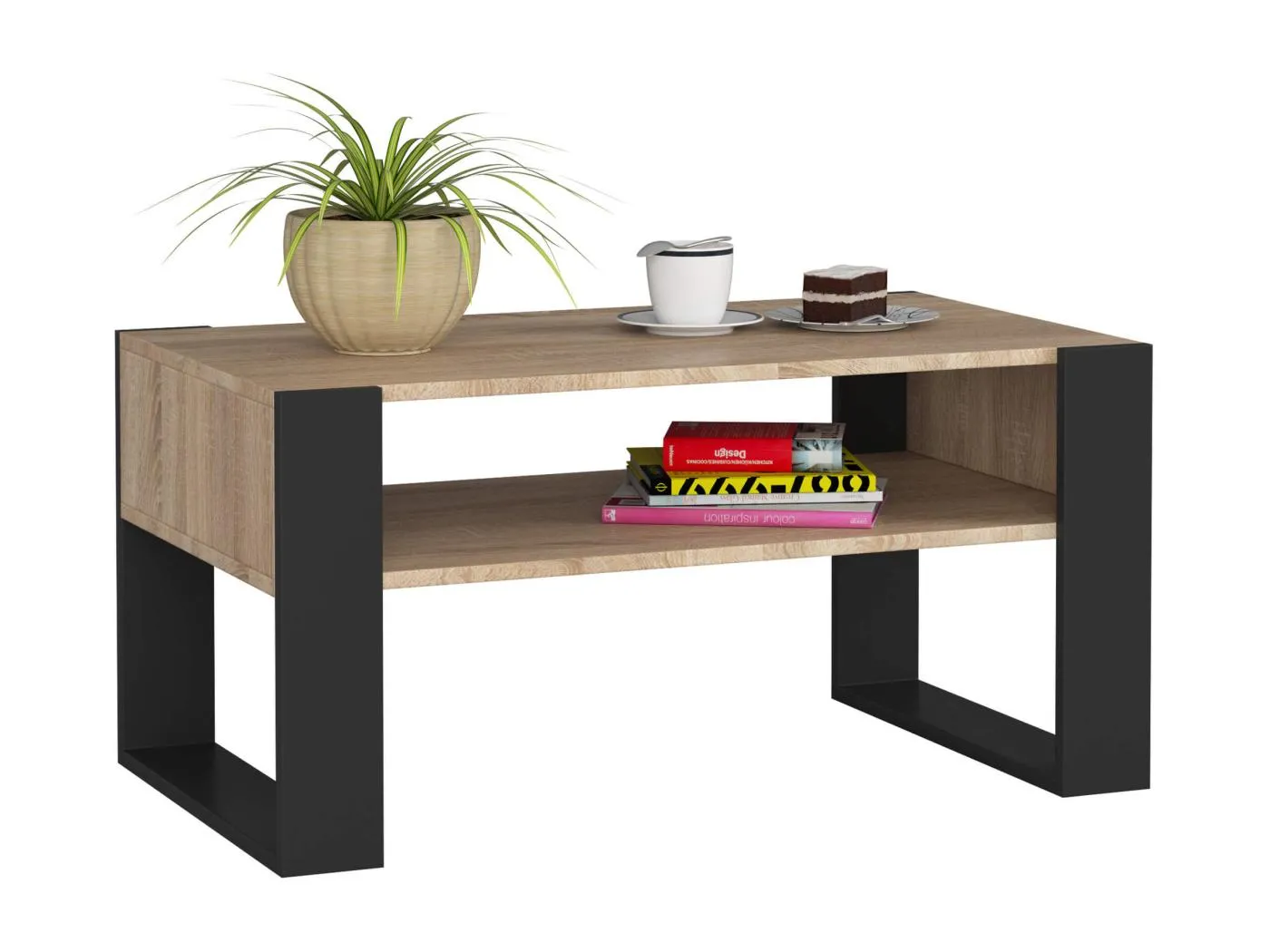 Couchtisch AKORD DOMI Kaffeetisch Sonoma-Eiche 92 cm Front Schwarz B92 x H45 x T53 cm