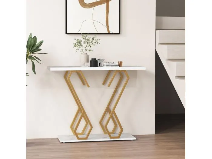 Konsolentisch aus Kunstmarmor Foyertisch mit Verstellbaren Fußpolstern Weiß und Gold