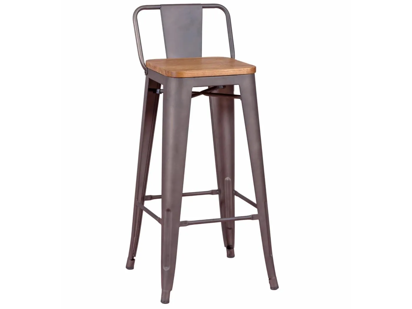 Industriehocker aus gealtertem Stahl mit niedriger Rückenlehne und Holzsitz - Bistro - Antiquität